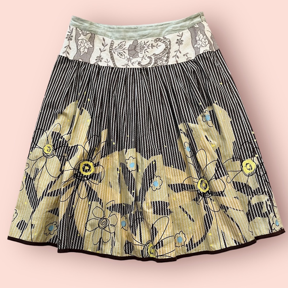 CAbi Brown and Cream Mixed Print Embroidered Fit and Flare "Treasure" Skirt #917